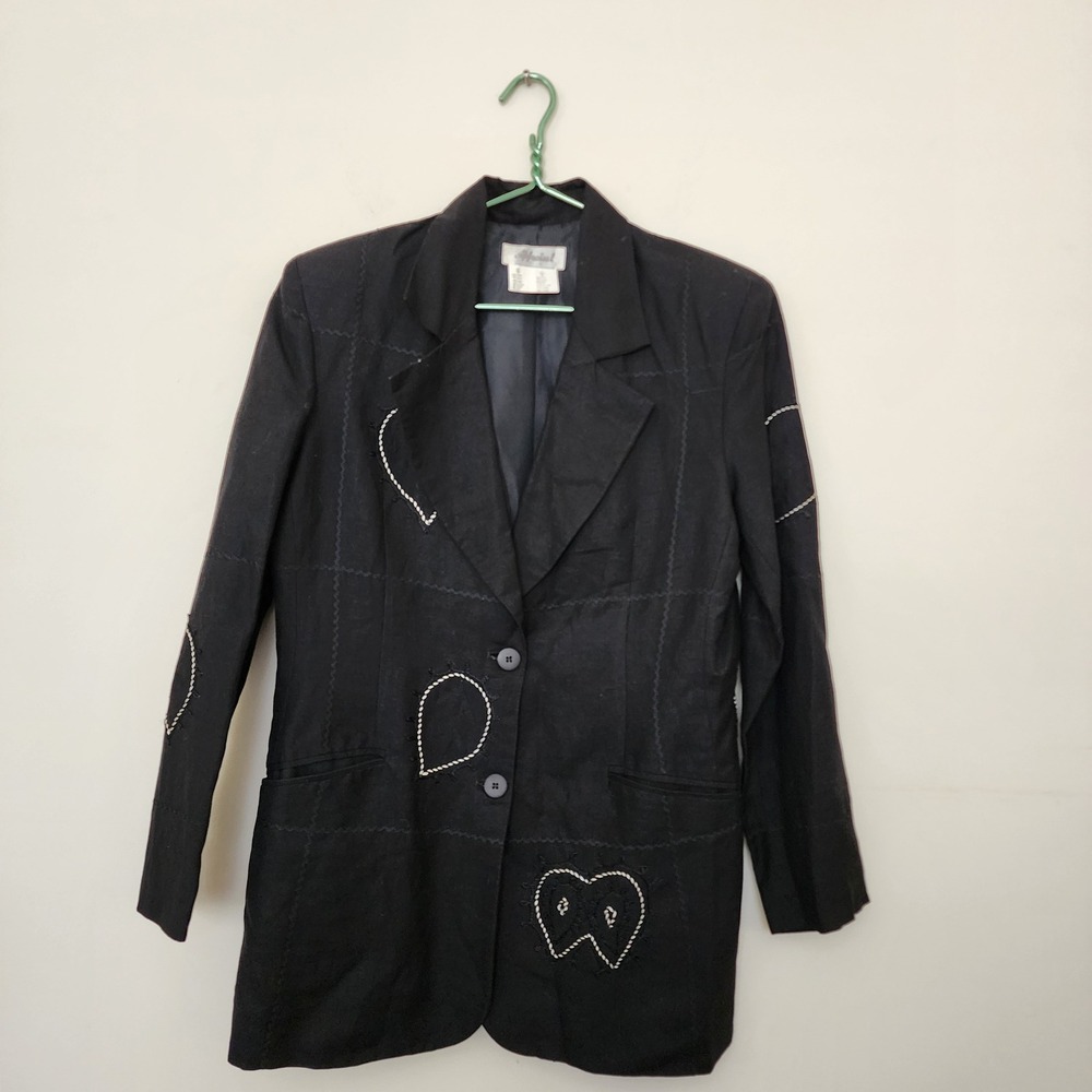 Vintage Appraisal Black Embroidered Heart Patch Blazer Rayon Ramie Blend 11/12